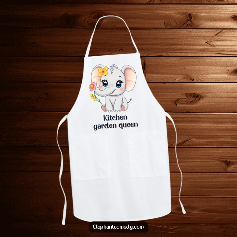 Funny baby elephant apron featuring a cute elephant with large eyes trumpeting with a flower, a delightful kitchen accessory.
