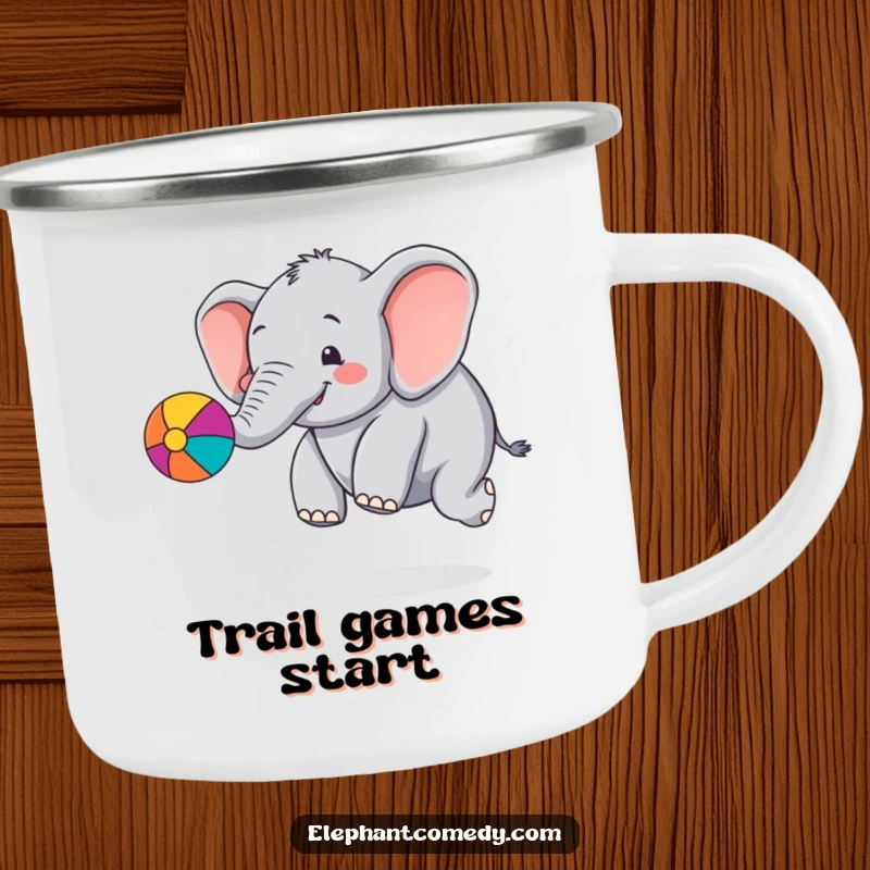 Funny chubby elephant camping mug featuring a cute cartoon elephant character bouncing a colorful ball with its trunk, ready for outdoor play.