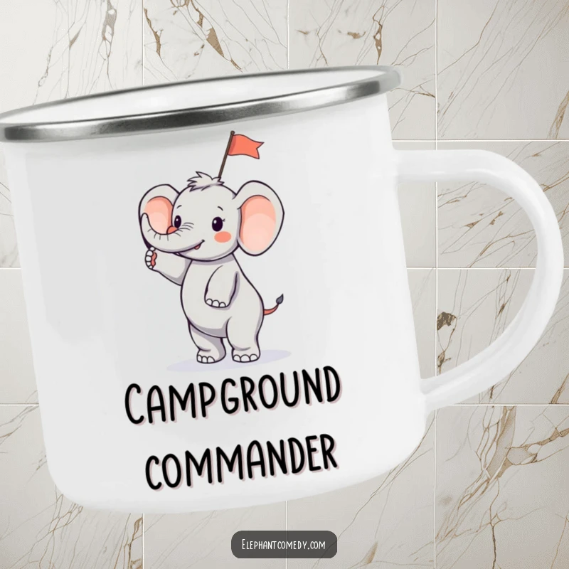 Funny tiny elephant camping mug featuring a small elephant character standing on its hind legs and waving a small flag, ready for outdoor celebration.