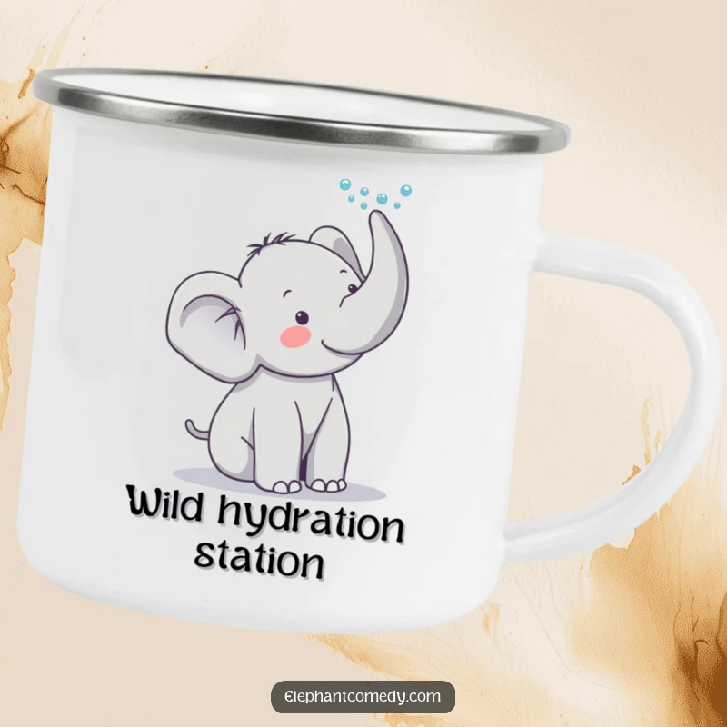 Funny elephant camping mug featuring a cute grey elephant character playfully spraying water from its trunk, ready for outdoor fun.