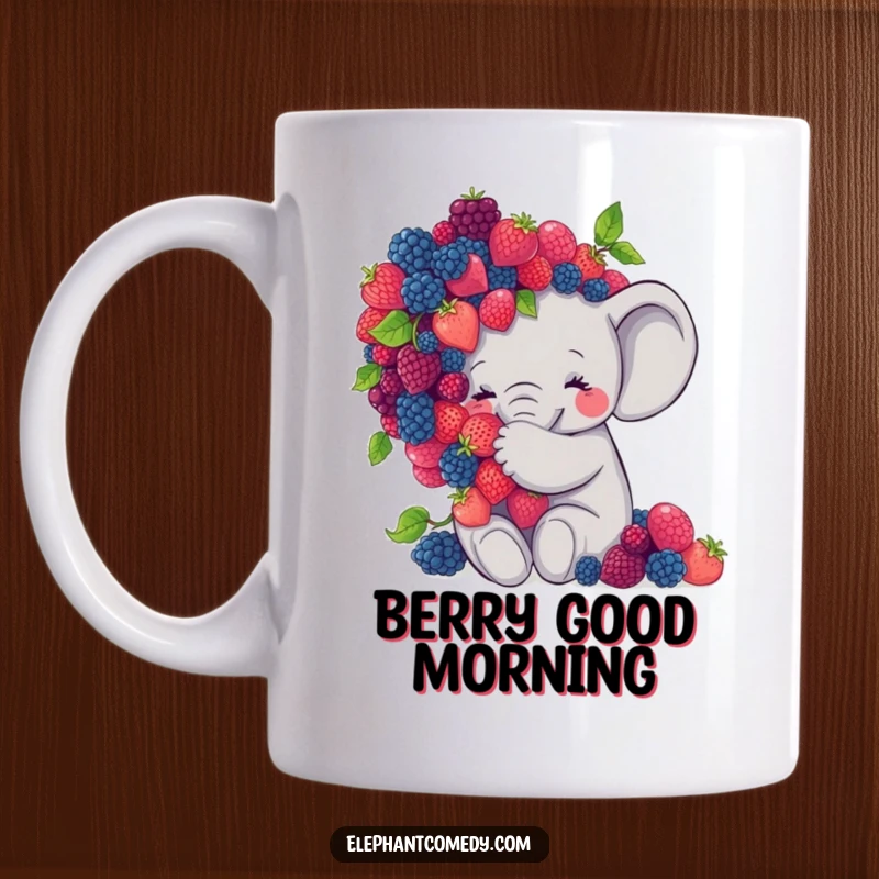 Funny elephant mug with a sweet grey elephant character embracing a large pile of colorful berries, looking content and happy.