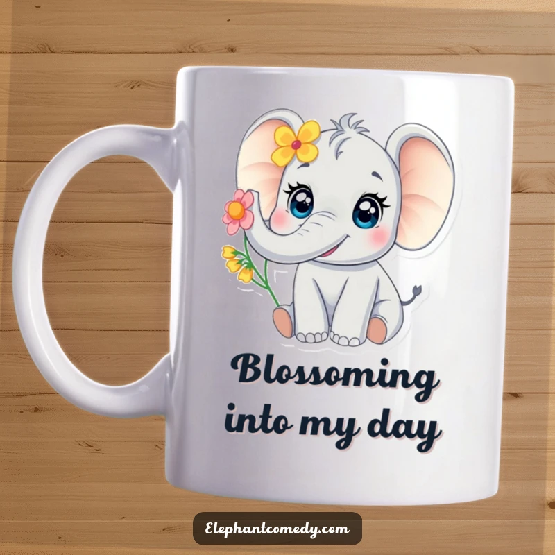 Funny baby elephant mug with large eyes, joyfully trumpeting while holding a flower, radiating cuteness and happiness.