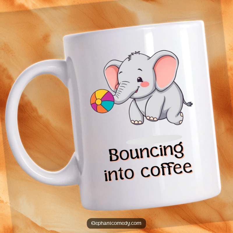 Funny chubby elephant mug with a cartoon elephant character joyfully bouncing a colorful ball with its trunk, looking happy and energetic.