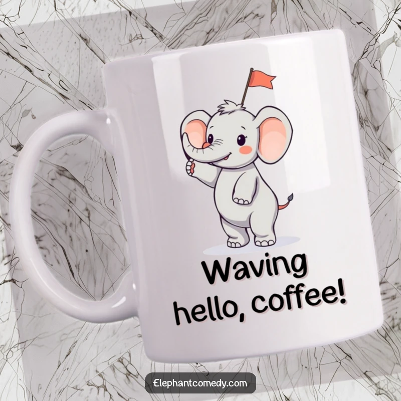 Funny tiny elephant mug with a small elephant character standing on hind legs, enthusiastically waving a small flag, looking celebratory.