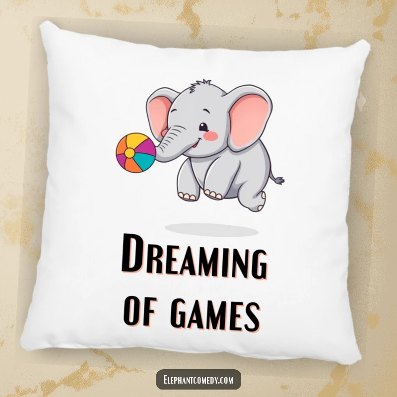 Funny chubby elephant pillow showing a cute elephant character bouncing a colorful ball with its trunk, adding comfort and playful decor.