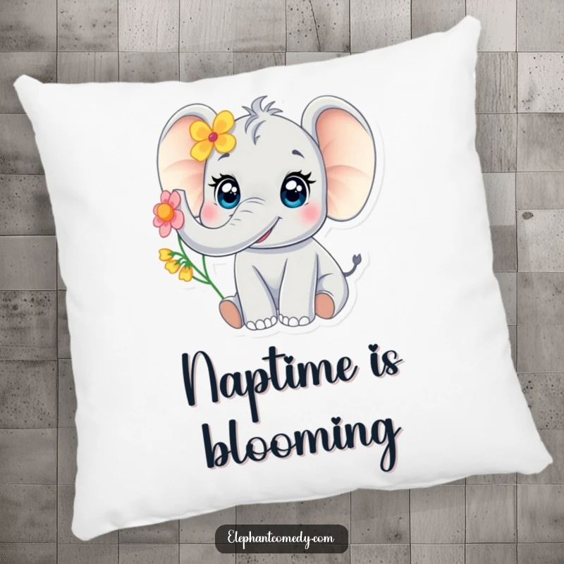 Funny baby elephant pillow showing a cute elephant with large eyes trumpeting with a flower, adding softness and cheerful decor.
