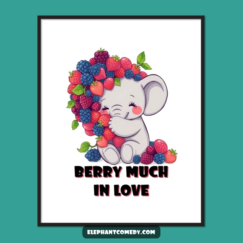 Funny Elephant Berry Hug Digital Art: Sweet Grey Elephant Print Gift