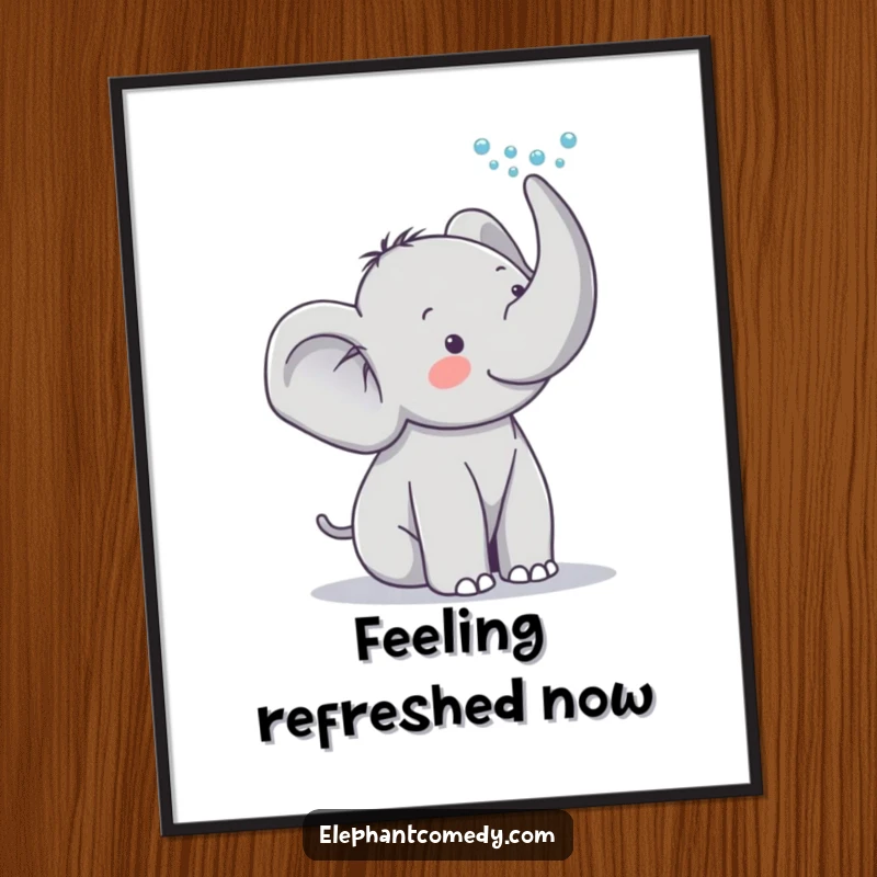 Funny elephant digital art print of a cute grey elephant character playfully spraying water from its trunk, vibrant and full of life.