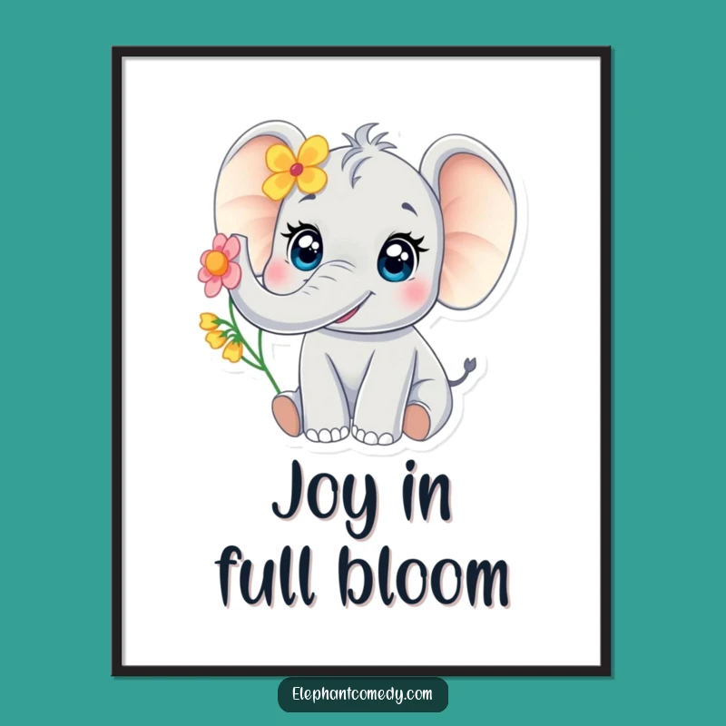 Funny Baby Elephant Digital Art: Joyful Trumpeting Elephant Flower Print Gift