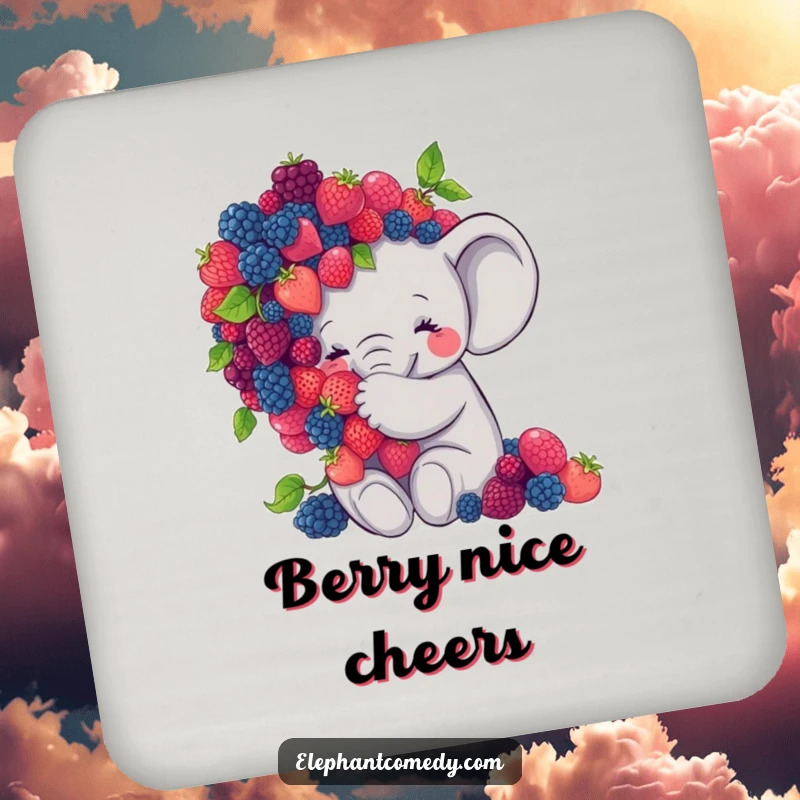 Funny elephant drink coaster showing a sweet grey elephant character embracing a large pile of berries, a charming and protective accessory.