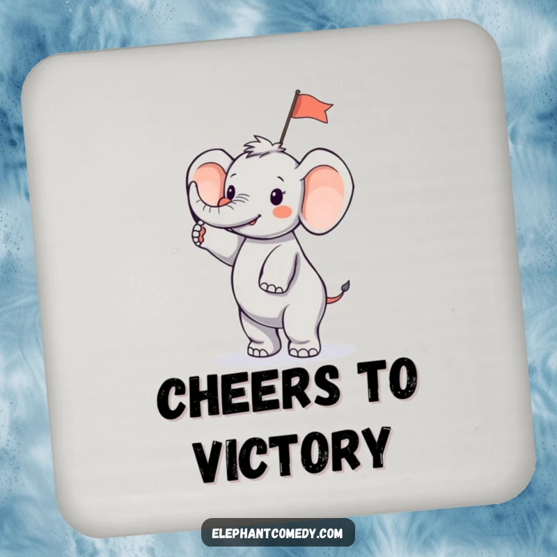 Funny tiny elephant drink coaster showing a small elephant character standing on its hind legs and waving a small flag, a charming and protective accessory.