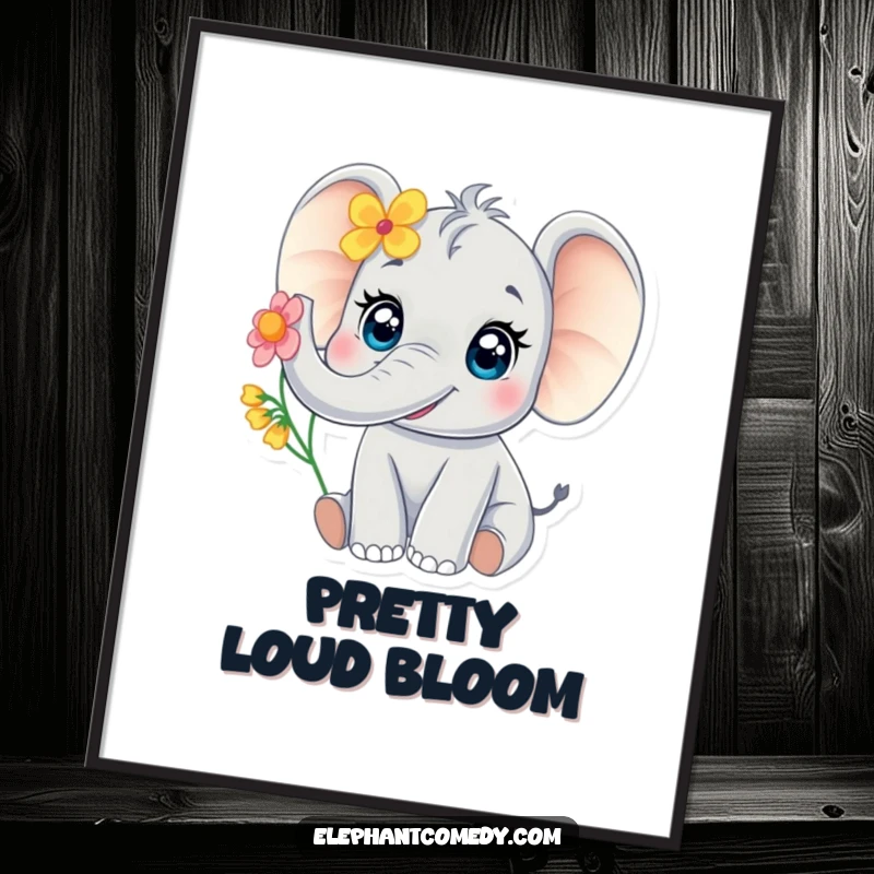 Funny baby elephant poster of a cute elephant with large eyes joyfully trumpeting with a flower, creating a happy and vibrant atmosphere.