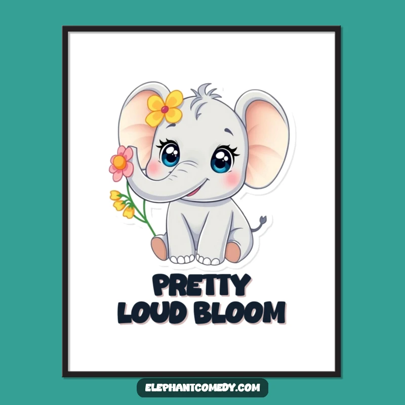 Funny Baby Elephant Poster: Joyful Trumpeting Elephant Flower Wall Art Gift