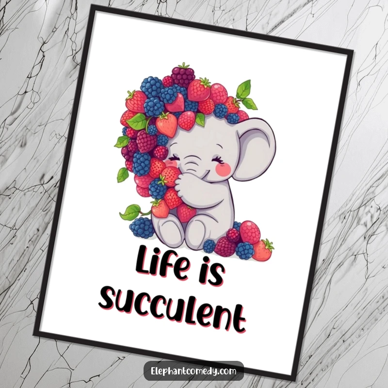 Funny elephant poster displaying a sweet grey elephant character joyfully embracing a large pile of colorful berries, looking utterly content.