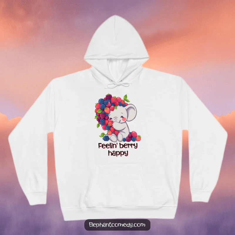 Funny elephant hoodie showing a sweet grey elephant character embracing a large pile of berries, exuding warmth and contentment.
