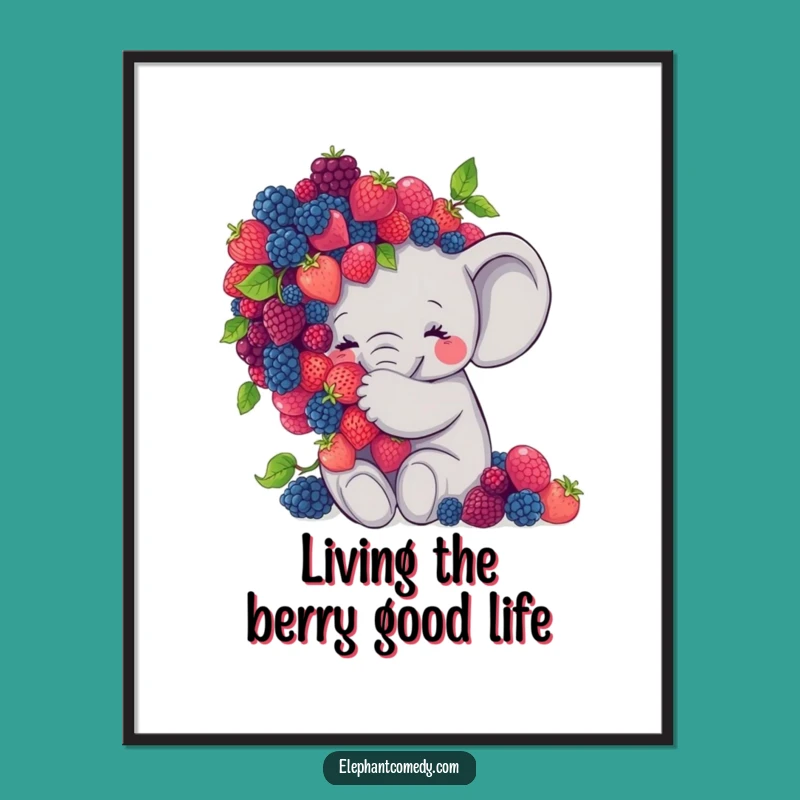Funny Free Printable Wall Art: Sweet Elephant Hugs Berries, Whimsical Downloadable Decor