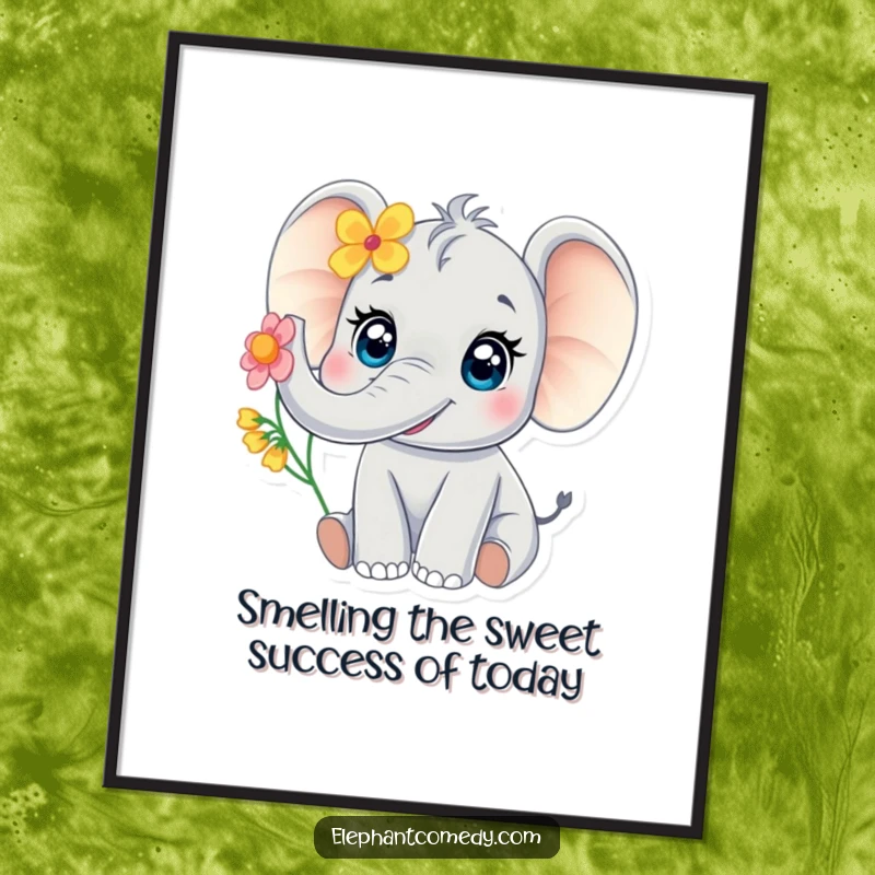 Funny Free Printable Wall Art: Adorable baby elephant with large eyes joyfully trumpeting a flower, creating a whimsical and cheerful atmosphere.