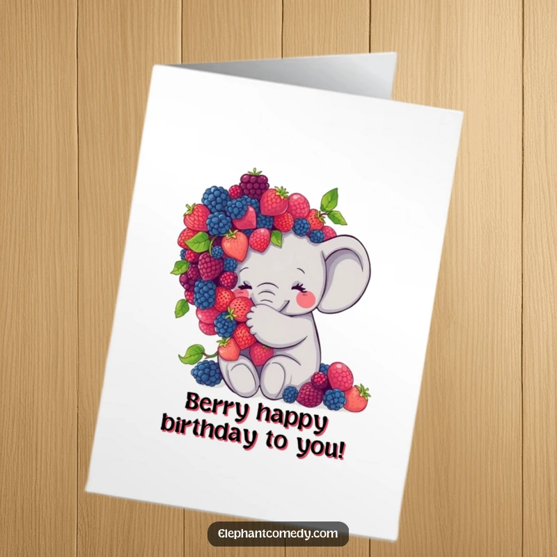 Funny Free Printable Birthday Card: Sweet grey elephant affectionately embracing a large pile of juicy berries, radiating happiness.