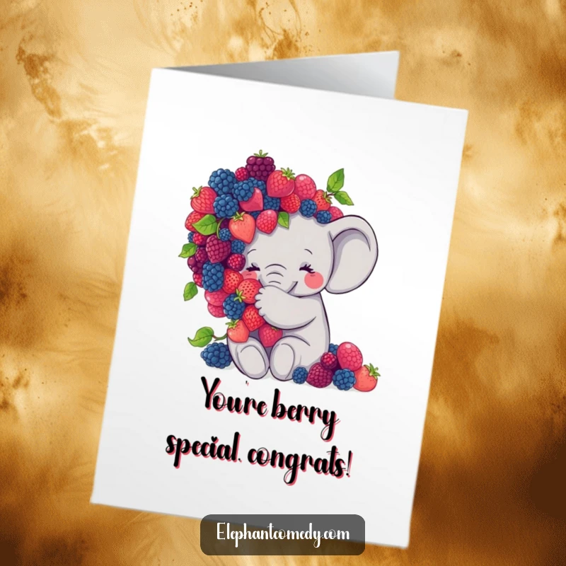 Funny Free Printable Congrats Card: Sweet grey elephant hugging a big pile of berries, symbolizing a joyful and fruitful achievement.