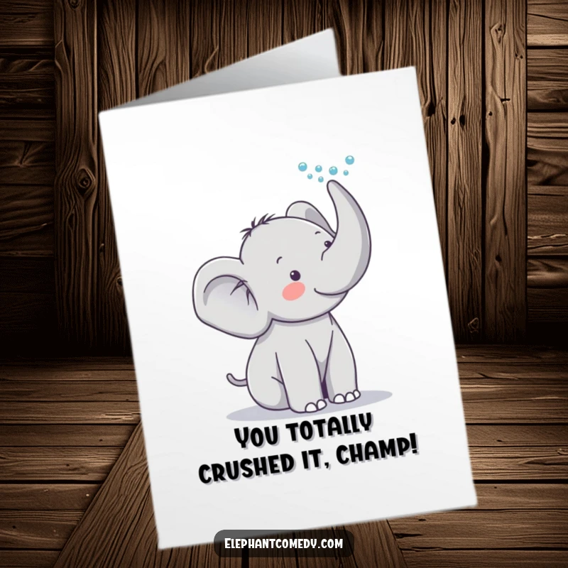 Funny Free Printable Congrats Card: Cute grey elephant spraying water from trunk, symbolizing a joyous celebratory shower.