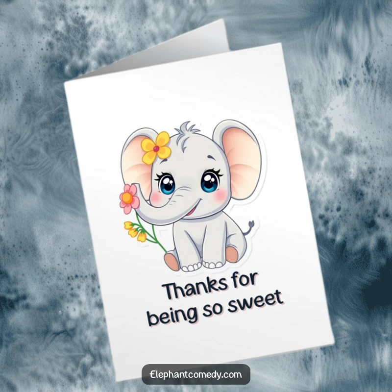 Funny Free Printable Thank You Card: Sweet baby elephant with big eyes trumpeting a flower, sending a delightful thank you message.