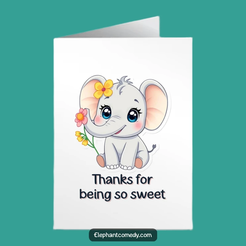 Free Printable Thank You Card: Baby Elephant Trumpets Flower, Sweet Downloadable Message