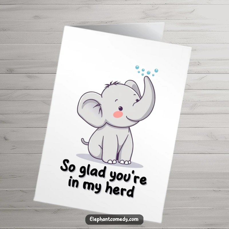 Funny Free Printable Thank You Card: Adorable grey elephant playfully spraying water, showing enthusiastic gratitude and appreciation.