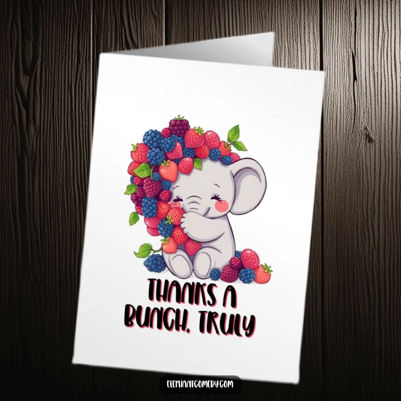 Funny Free Printable Thank You Card: Cute grey elephant embracing a large pile of berries, showing heartfelt and sweet appreciation.