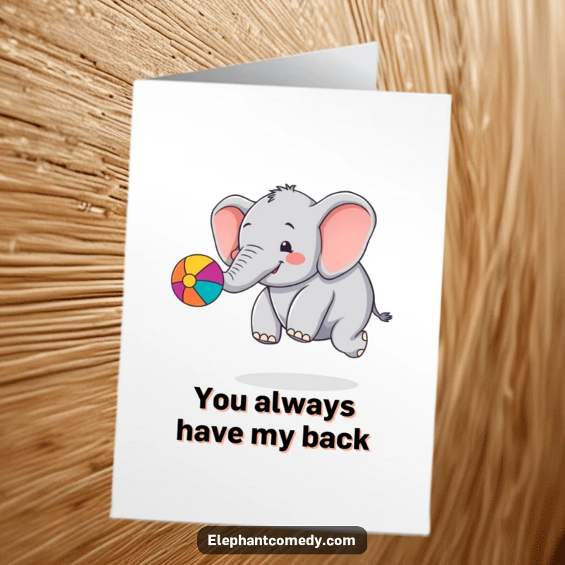 Funny Free Printable Thank You Card: Chubby elephant happily bouncing a colorful ball with its trunk, conveying playful appreciation.