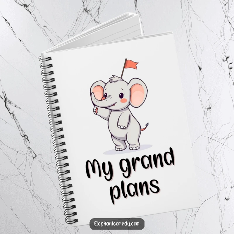 Funny tiny elephant notebook with a small elephant character standing on its hind legs and waving a small flag, ideal for jotting notes with a smile.