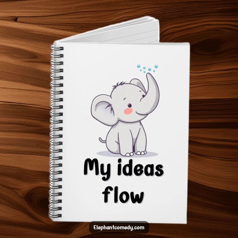 Funny elephant notebook with a cute grey elephant character playfully spraying water from its trunk, perfect for jotting down notes with a smile.