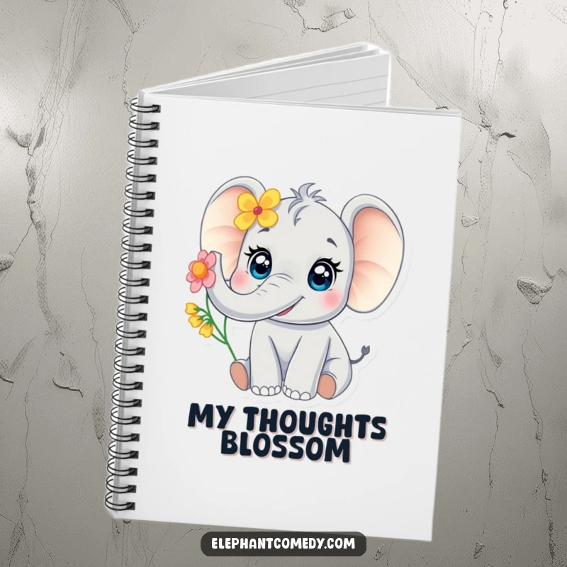 Funny baby elephant notebook with a cute elephant with large eyes trumpeting with a flower, ideal for journaling with a smile.