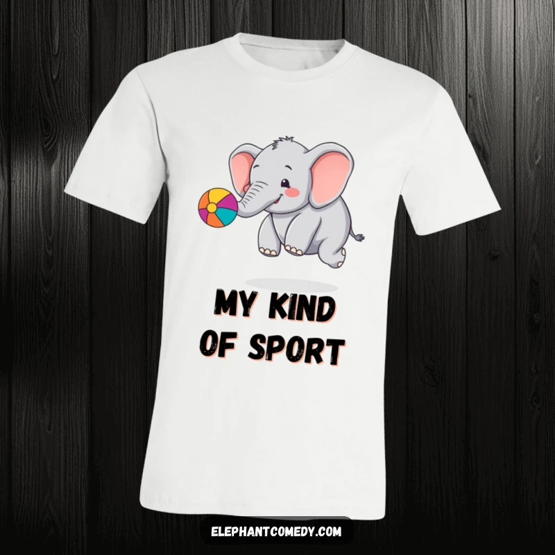 Funny chubby elephant t-shirt featuring a cute cartoon elephant character playing with a colorful ball, bouncing it with its trunk.