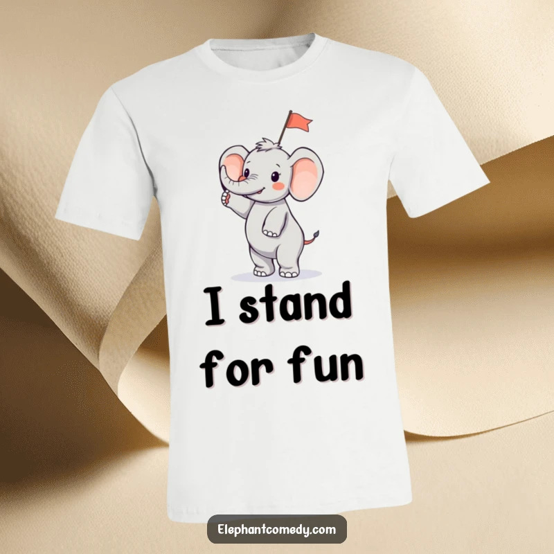 Funny tiny elephant t-shirt featuring a small elephant character standing on its hind legs and waving a small, colorful flag.