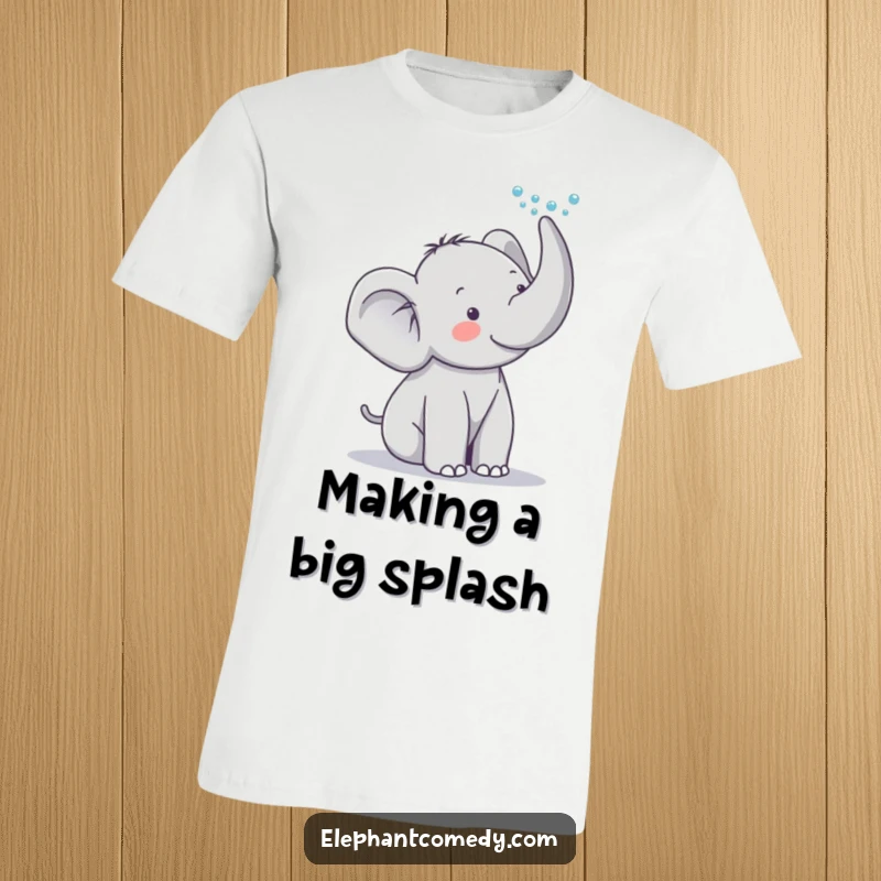 Funny elephant t-shirt featuring a cute grey elephant character joyfully spraying water upwards from its trunk in a playful manner.