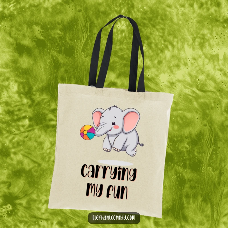 Funny chubby elephant tote bag with a cute cartoon elephant character bouncing a colorful ball with its trunk, a humorous and spacious bag.