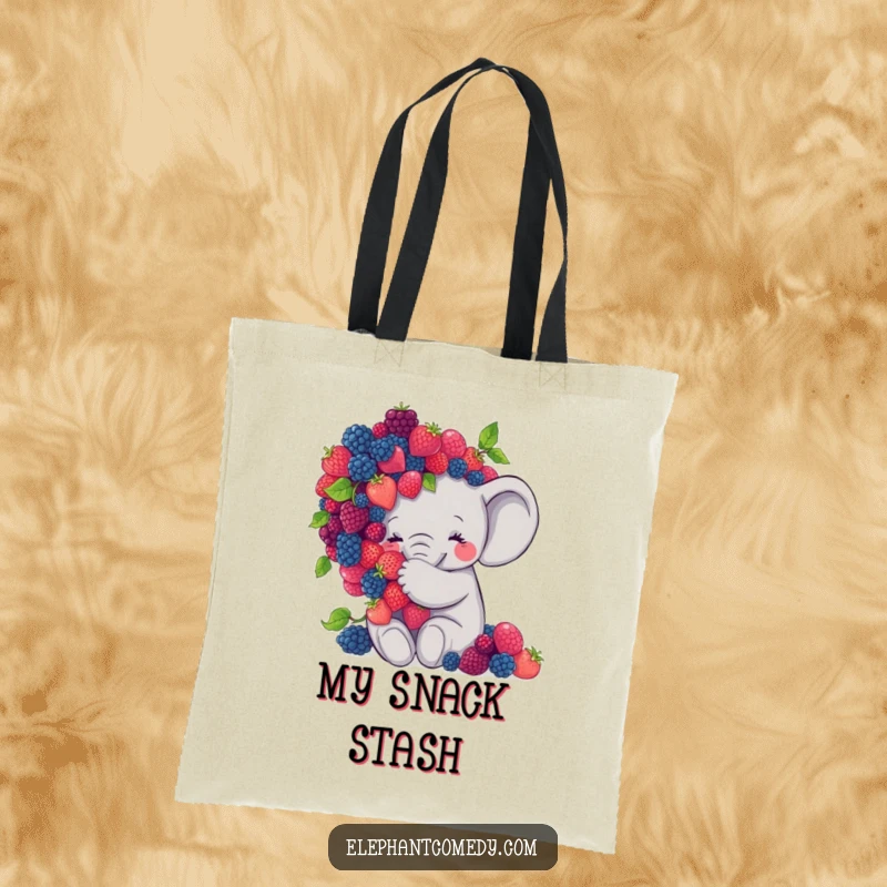 Funny elephant tote bag with a sweet grey elephant character hugging a large pile of colorful berries, a humorous and spacious bag.